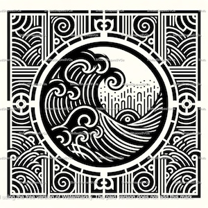 Puede incluir: Diseño geométrico en blanco y negro con una ola estilizada en un círculo rodeado de un marco cuadrado. El diseño está formado por patrones repetidos de líneas y curvas.
