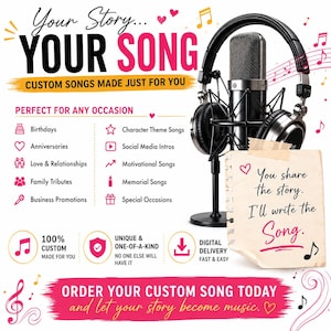 Könnte beinhalten: Ein professionelles Studiomikrofon auf einem Ständer mit schwarzem Kopfhörer, inklusive Text: Your Story... YOUR SONG, CUSTOM SONGS MADE JUST FOR YOU, PERFECT FOR ANY OCCASION, You share the story. I'll write the Song., ORDER YOUR CUSTOM SONG TODAY.
