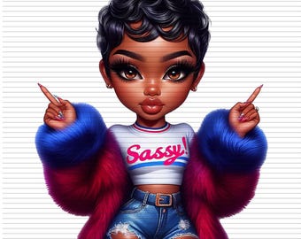 Könnte beinhalten: Digitaler Download-Grafik einer Cartoon-Frau mit dunkler Haut, kurzen schwarzen Haaren und großen braunen Augen. Sie trägt ein weißes Crop-Top mit dem Wort "Sassy!" und einen blau-roten Pelzmantel. Sie trägt Jeansshorts und zeigt mit beiden Händen.