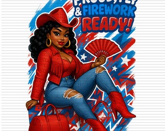 May include: A digital illustration of a person with dark curly hair wearing a red cowboy hat, red fringed jacket, and blue distressed jeans. They hold a red folding fan. The background features red and blue brushstrokes, stars, and the text PROUD, FLY & FIREWORK READY!
