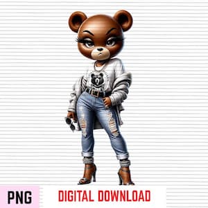 May include: A brown bear-headed character with long eyelashes wearing a white t-shirt featuring a bear graphic, a light gray jacket, blue distressed denim jeans with a black belt, and brown high-heeled sandals, holding black sunglasses.