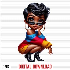 May include: A digital illustration of a character with short black hair, brown eyes, and gold hoop earrings. The character wears black sunglasses, a color-blocked sweater in blue, red, and yellow, and black high-heeled ankle boots while crouching.