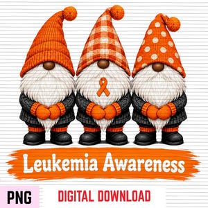 May include: Three gnomes with long white beards, wearing dark grey sweaters and orange hats with pom-poms. The hats feature solid, plaid, and polka-dot patterns. The centre gnome wears an orange ribbon. Text reads: Leukemia Awareness.