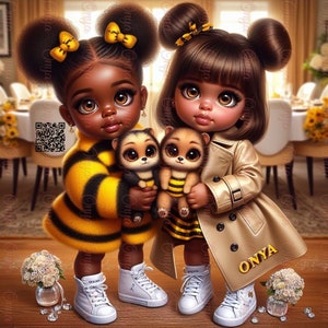ONYA, bumble bee, black girl, Digital Doll, melanin, prince, clipart, baby parties, children, png, High resolution,  african american