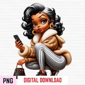 May include: A digital illustration of a character with voluminous black hair, wearing a tan hooded jacket, gray sweatpants with white side stripes, and gold hoop earrings. The character holds a black smartphone and carries a black handbag.