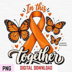 Puede incluir: Un gráfico digital que presenta un gran lazo de concienciación naranja centrado con tres mariposas monarca. El texto dice In this together y Leukemia Awareness. Pequeños corazones naranjas y estrellas decoran el diseño.