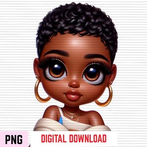 May include: A digital illustration of a character with dark skin, short curly black hair, and large brown eyes with long eyelashes. The character wears gold hoop earrings and a layered gold necklace, with a white garment visible at the shoulders.