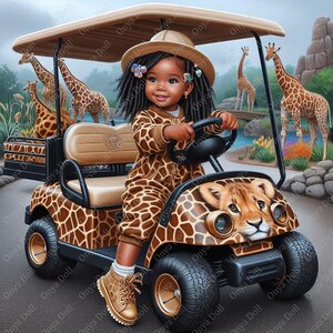 オニャ、サファリ湾のカートに乗るかわいい女の子、カールした髪の可愛い子、プリンセス、プランナー、昇華、クリップアート、女の赤ちゃん、PNG