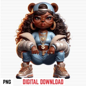 May include: A cartoon character with brown curly hair and bear ears wearing a light blue baseball cap, oversized glasses, a cropped blue top, a beige puffer jacket, blue jeans, and tan sneakers. The character wears gold chains with a dollar sign pendant.