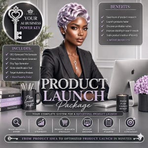 May include: A digital marketing graphic titled Product Launch Package featuring a person with short lavender hair in a black blazer. The image includes text lists of benefits and tools, a black mug, a candle, and a computer monitor on a desk.