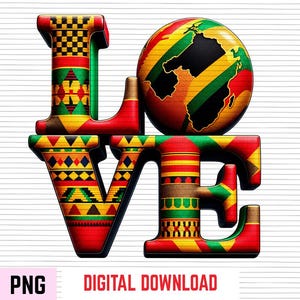May include: The word LOVE rendered in 3D block letters with a vibrant red, yellow, green, and black geometric pattern. The letter O is replaced by a sphere featuring a black silhouette of the African continent against a striped background.
