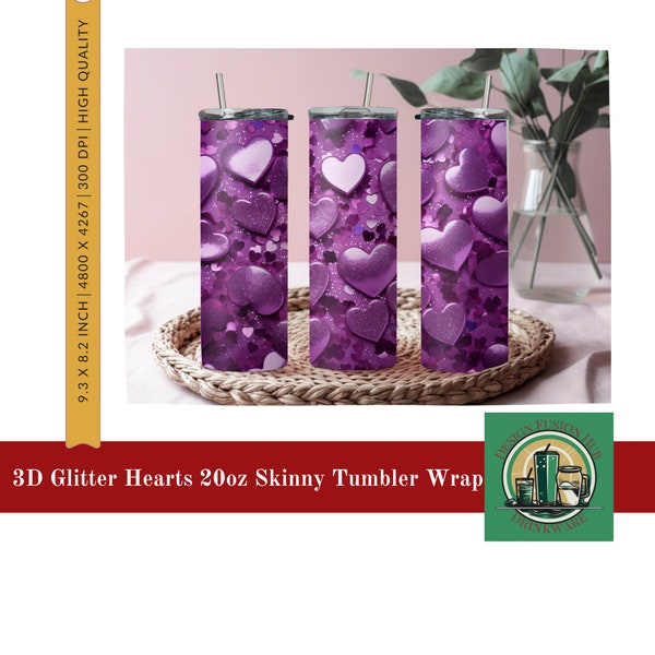 Tumbler valentines sublimation, 3D Purple Glitter Hearts 20 oz Skinny Tumbler PNG Design, 3D Hearts Straight and Tapered Tumbler PNG