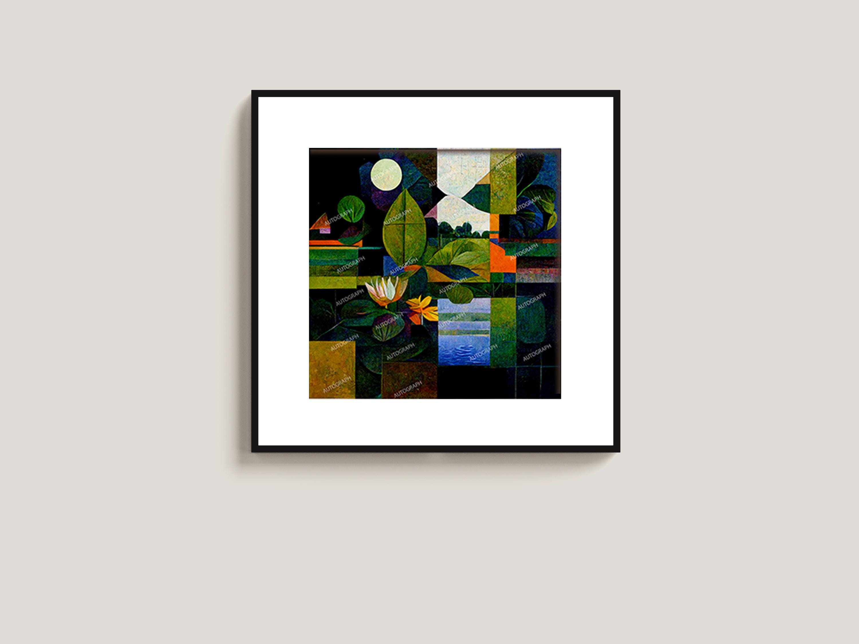 Abstract Nature Landscape Digital Painting with Water Lilies, Moon, and Geometric Shapes