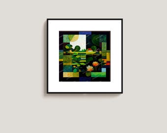 Lily Pond Geometric Digital Painting - Abstract Nature Art with Lotus and Greenery