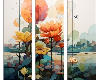 Urban Bloom: Triptych of Stylized Florals Over Cityscape 4096 x 4096