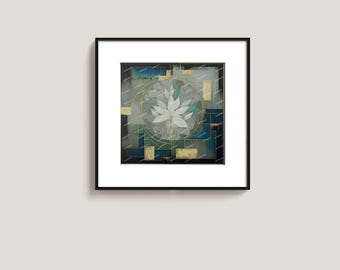 Elegant Abstract Digital Painting with White Lotus, Gold Accents, and Geometric Design