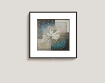 Geometric Floral Digital Painting, White Lotus Abstract Art, Gold Blue Modern Wall Decor, Elegant Home Office Print, Contemporary Artwork