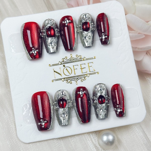 Red Buccellati Handmade Press on Nails/T-shape/Handpainted Fake/False Nails, Prom/Event/Birthday Nails/Gift for Girlfriend