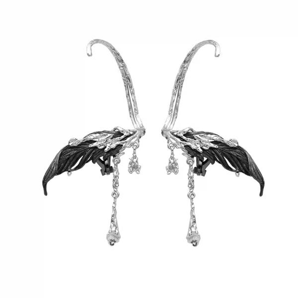 Fallen Feathers of Angel Wings Ear Cuffs: Gold & Black, No Piercing Earrings