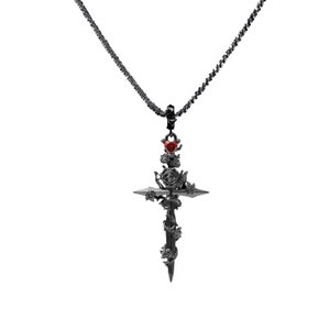 May include: A gothic-style pendant necklace featuring a black cross-shaped design with rose and thorn detailing. A red heart-shaped gem is set above the cross. The necklace is suspended from a delicate chain.