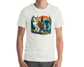 Bigfoot and a Great Horned Owl Unisex T-Shirt