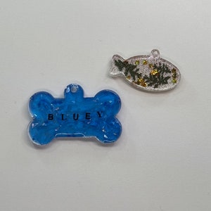 Pode incluir: Duas etiquetas para animais de estimação. Uma é em forma de osso azul com o nome "BLUEY" em preto. A outra tem formato de peixe com detalhes verdes e dourados. Ambas as etiquetas são transparentes com decorações embutidas.