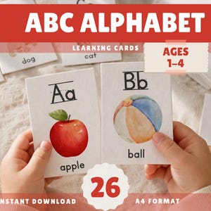 Può includere: Schede didattiche dell'alfabeto ABC per bambini da 1 a 4 anni. Le schede presentano illustrazioni colorate di una mela e una palla, con le lettere 'Aa' e 'Bb'. Le parole 'apple' e 'ball' sono scritte sotto le immagini. Il testo 'ABC ALPHABET' è in alto.