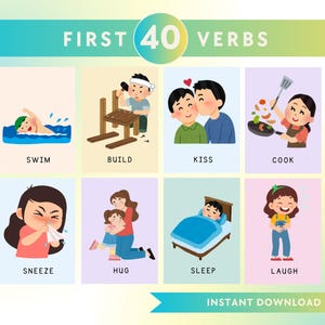FIRST 40 VERBS | Montessori flashcards | Pre-School Cards | Educational Printable Flash Cards | Instant Download