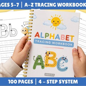 May include: A spiral-bound alphabet tracing workbook for ages 5-7. The cover features the word "ALPHABET" in colorful letters, with illustrated letters A, B, and C. The workbook includes 100 pages and a 4-step system for learning.