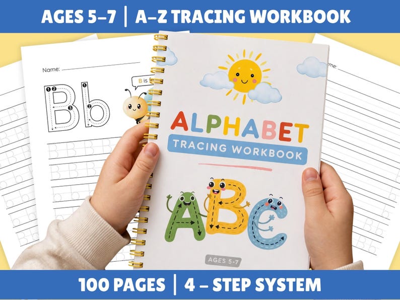 May include: A spiral-bound alphabet tracing workbook for ages 5-7. The cover features the word "ALPHABET" in colorful letters, with illustrated letters A, B, and C. The workbook includes 100 pages and a 4-step system for learning.