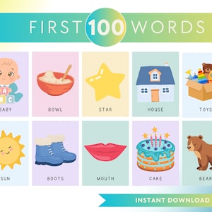 FIRST 100 WORDS | Montessori flashcards | Pre-School Cards | Educational Printable Flash Cards | Instant Download