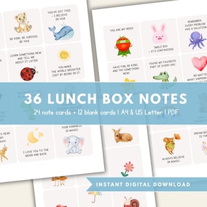 Può includere: Un set di 36 bigliettini per il pranzo con illustrazioni colorate e affermazioni positive. Le carte presentano vari animali, un sole, un cuore e altre simpatiche grafiche. Il testo include frasi come "Sei il mio eroe" e "Sorridi tanto."