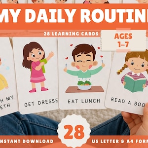 Può includere: Un set di 28 schede didattiche intitolate "La mia routine quotidiana" per bambini da 1 a 7 anni. Le schede presentano illustrazioni di bambini che svolgono attività quotidiane come lavarsi i denti, vestirsi, pranzare e leggere. Formato US Letter e A4.