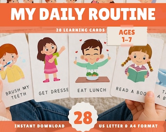Kids Daily Routine Cards | Visual Schedule Flashcards for Kids | Morning & Bedtime Routine | Preschool Learning Printable