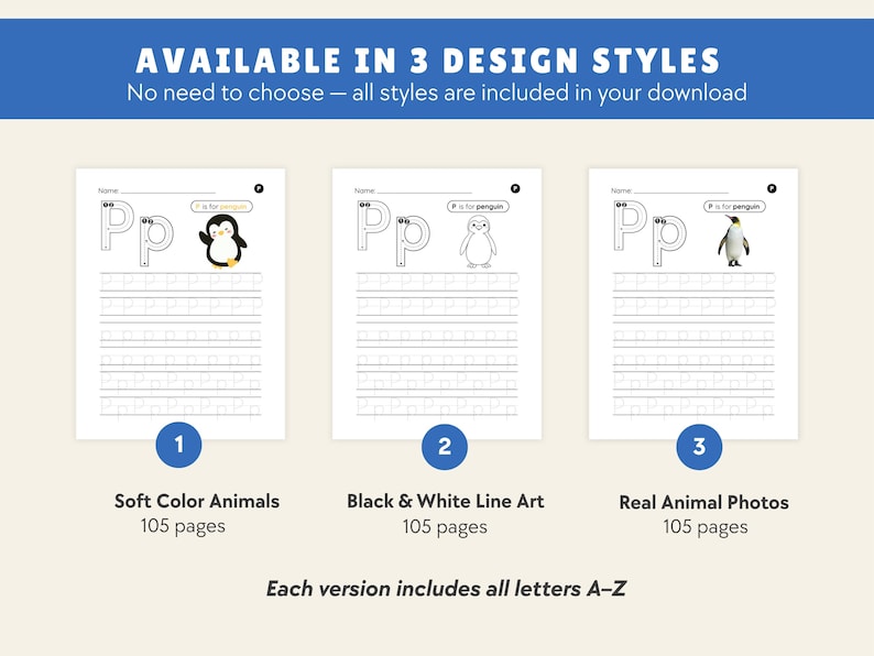 May include: Three printable educational worksheets for children. Each worksheet features the letter "P" with a penguin illustration. The worksheets are available in three design styles: soft color animals, black & white line art, and real animal photos.