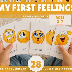 Può includere: Set di schede didattiche "MY FIRST FEELINGS" con emoji che rappresentano emozioni come nervoso ed eccitato. Le schede, adatte ai bambini dai 2 ai 7 anni, includono 28 carte e sono disponibili in formato US LETTER e A4.