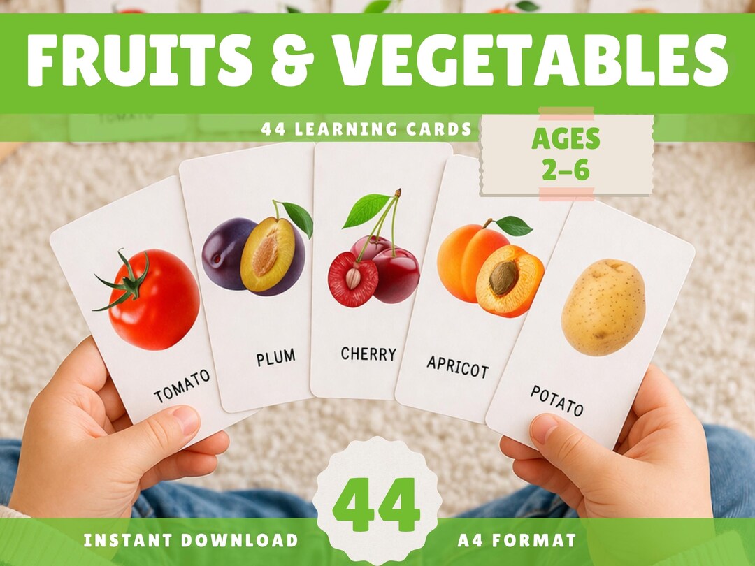 First 44 Fruits and Vegetables Flash Cards | Montessori Flash Cards ...