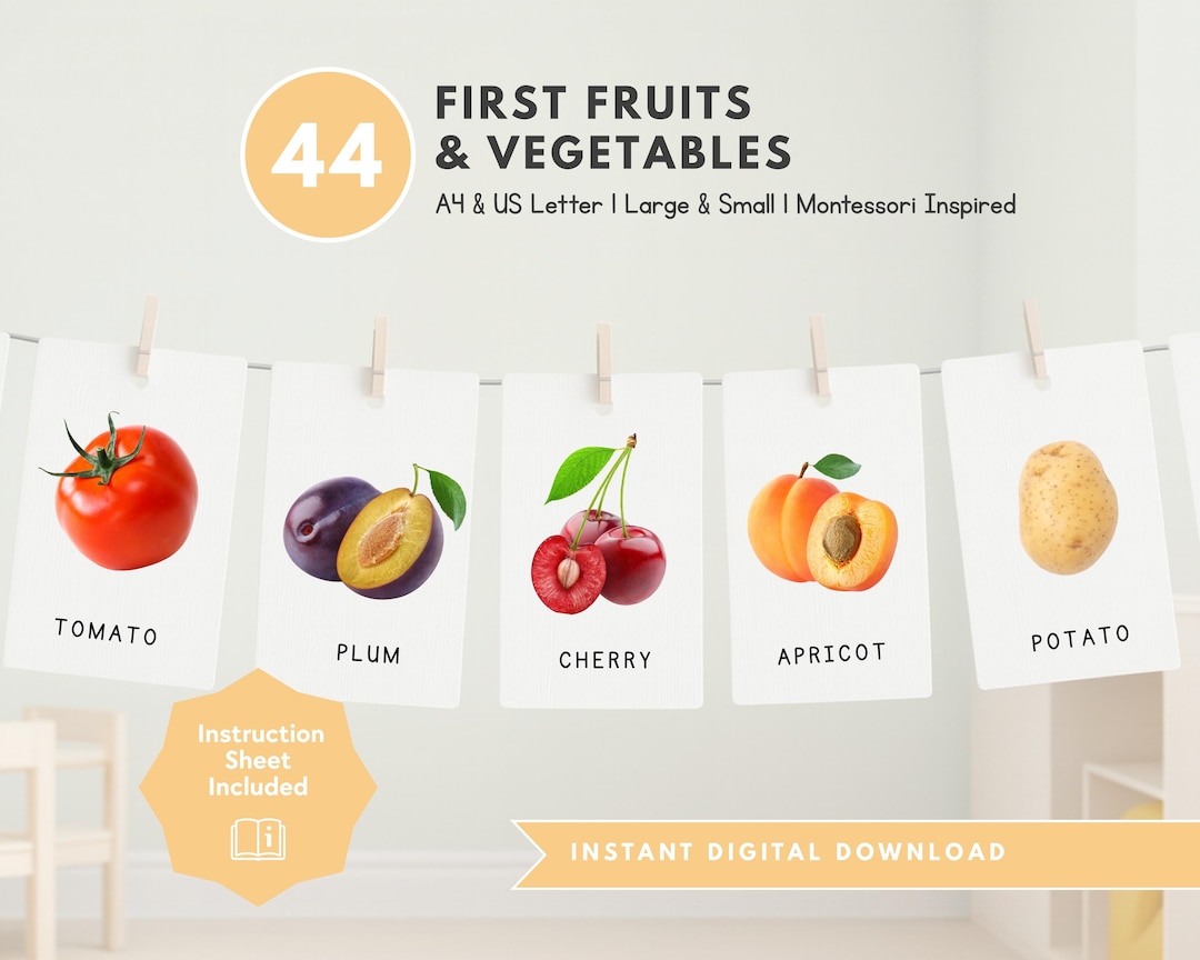 First 44 Fruits and Vegetables Flash Cards | Montessori Flash Cards ...