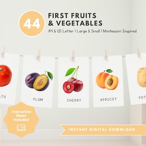 Tarjetas didácticas de las 44 primeras frutas y verduras | Tarjetas didácticas Montessori | Tarjetas preescolares | Tarjetas educativas imprimibles | Descarga instantánea