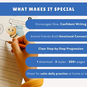 May include: A child's hand writing with a pencil on a worksheet with the letter "B" and a cartoon bee. The image includes text that says "What Makes It Special" and highlights features like "Encourages Slow, Confident Writing."