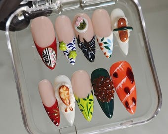 3D Sushi Press On Nails | Realistic Salmon Ikura Japanese Cuisine Fake Nails
