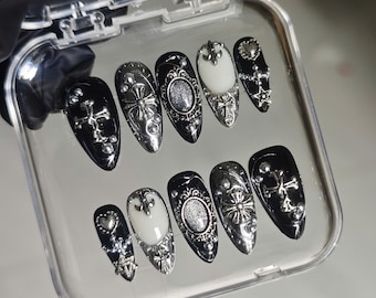 Gothic Chrome Drücken Sie auf die Nägel, dunkle lange künstliche Nägel, Grunge Alt Set