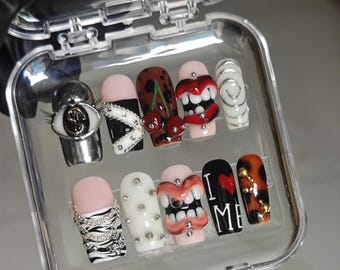Hand-Painted Press On Nails | Red Lips, Cherry, Zebra, Eye Designs