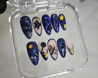 Hand-Painted Coraline Inspired Press On Nails | 3D Blue Eyecat, Dark Fantasy Fake Nails