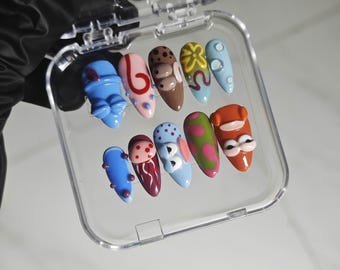 Hand-Painted 3D Cartoon Press On Nails | Funky Character Nail Set | Unique Y2K Quirky Nails | Handmade Reusable Pop Art Fake Nails
