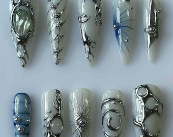 Unhas Postiças Cromadas Prateadas | Estilo Gótico Cybercore Metálico Grunge Arrojado com Efeito Metal Líquido