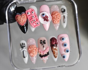 Gothic Kawaii Press On Nails | Punk Cross Stiletto Fake Nails | Alt Girl Style