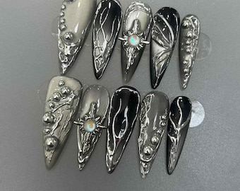 Unhas Postiças Cromadas 3D Punk | Unhas Postiças Metálicas e Modernas Pintadas à Mão