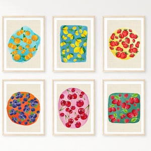 Set of 6 Watercolor Fruit Wall Art | Colorful Art | Gallery Wall | Nursery Decor | Home Decor | Printable Aesthetic Wall Art | Fruit Poster