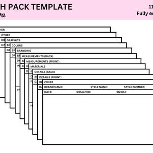May include: A black and white tech pack template with 11 pages. The template is fully editable and includes sections for other, graphics, colors, branding, measurements (back and front), materials, details (back and front), cover, brand name, date, style name, style number, designer, and size(s).